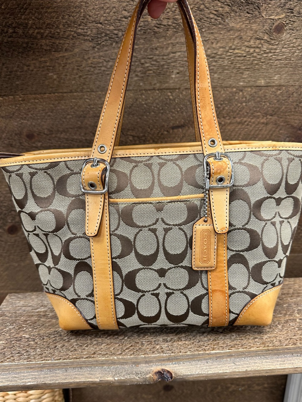 Coach Signature Jacquard Leather Trim Tote Bag Brown Tan G2J-6043